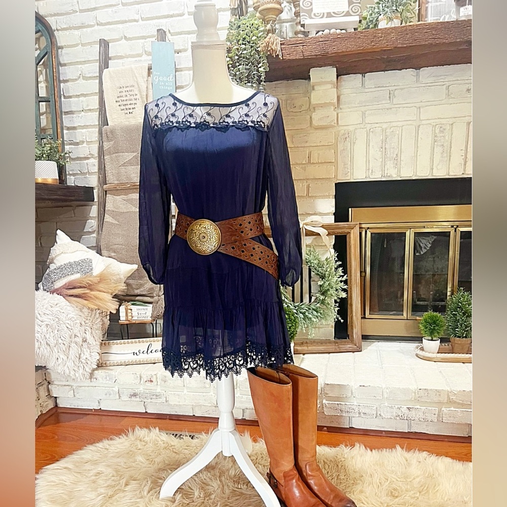Italian Navy Silk Dress with Lace Bodice